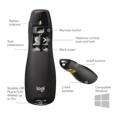 Logitech R400 Wireless Presenter with Red Laser Pointer – Black (Up to 15m Range, Plug-and-Play)