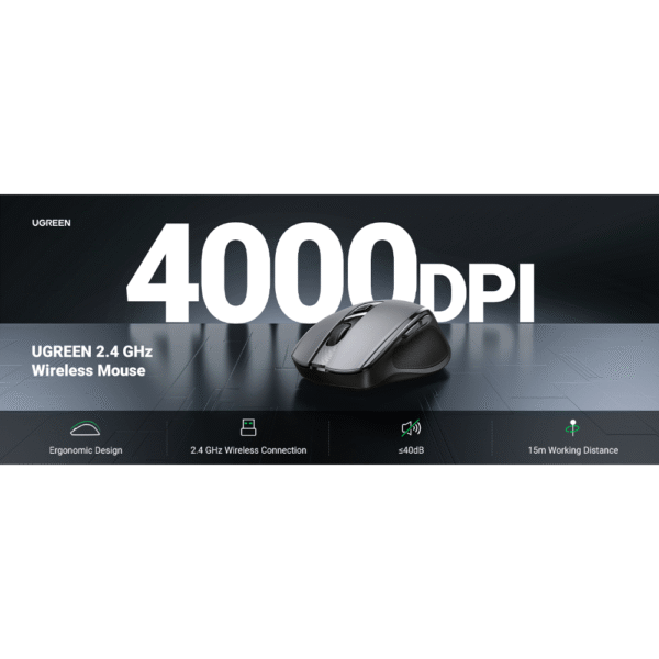 UGREEN Ergonomic Wireless Mouse – Dual Mode (BT 5.0 + 2.4GHz), Silent Click, 4000 DPI, 18-Month Battery – Black - Image 3